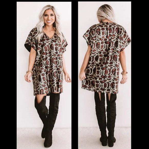 Buddy Love Animal Print Sequin Shift Dress Sz L - Picture 1 of 9